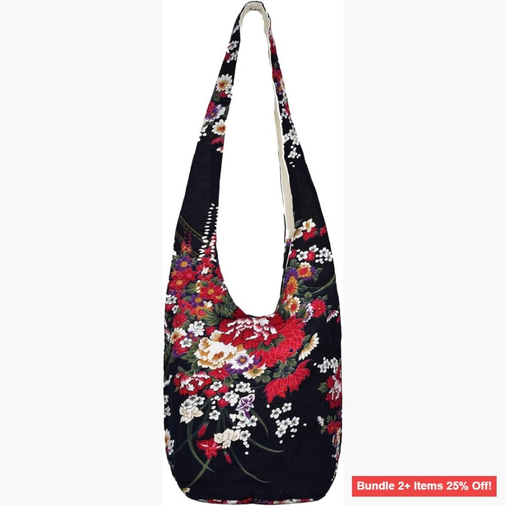 Large Cotton Crossbody Hobo Bag with Floral Embroidery, 23L Capacity